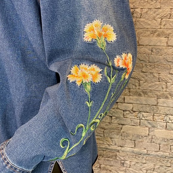 Bob Mackie Blue Denim Button Down Shirt with Floral Embroidery - Picture 3 of 8